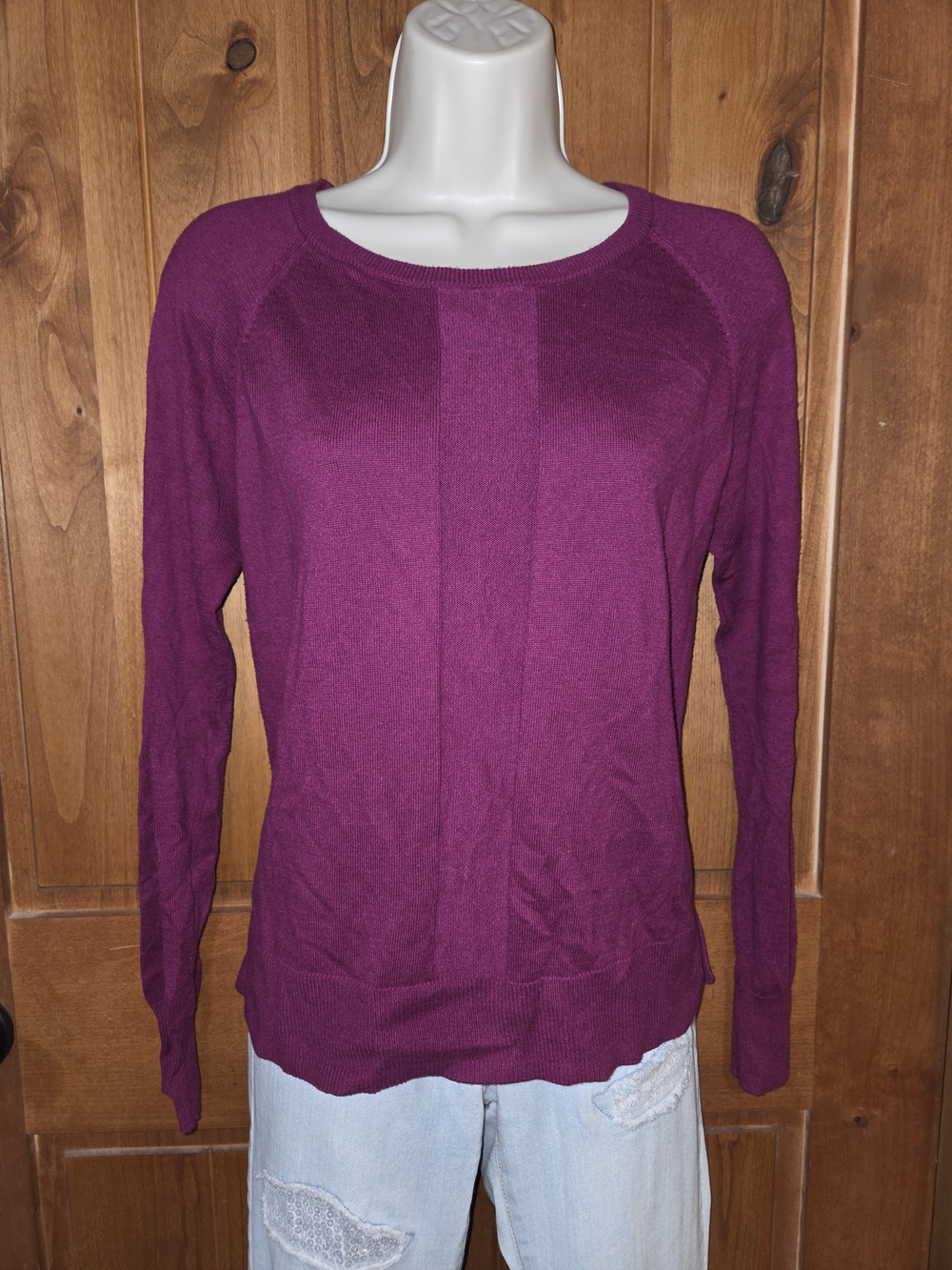 Women's Scoop Neck Sweater With Patterned Back in Plum & Black
